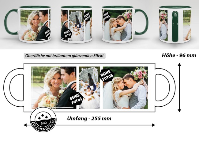 Tasse mit Fotocollage für 3 Fotos Innen Henkel Dunkelgrün TASSE