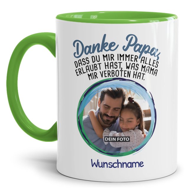 Tasse Danke Papa mit Name Foto gestalten Hellgrün Tassendru