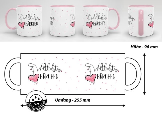 Tasse mit Kosename - Weltliebstes B&auml;rchen weiblich - Innen &amp; Henkel Rosa