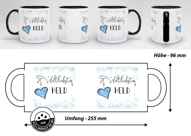 Tasse mit Kosename - Weltliebster Held - Innen &amp; Henkel Schwarz