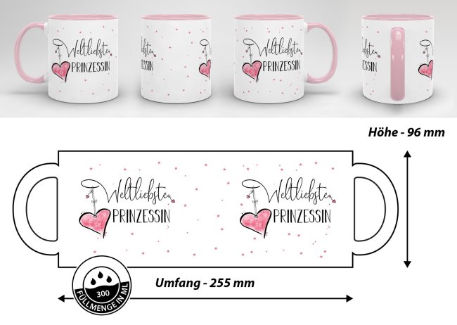 Tasse mit Kosename - Weltliebste Prinzessin - Innen &amp; Henkel Rosa