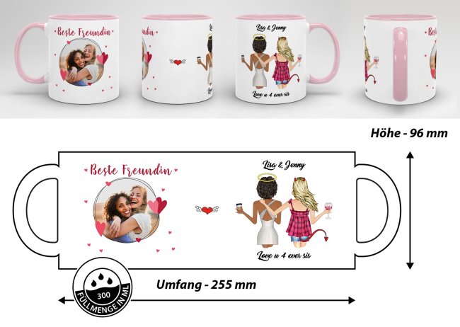 Tasse Beste Freundin BILDTEXTPERSO mit Foto zusammenstellbar Innen &amp; Henkel Rosa