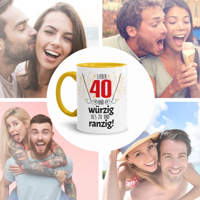 Tasse zum 40. Geburtstag mit Foto - Lieber 40 statt 20 - Innen &amp; Henkel Gelb