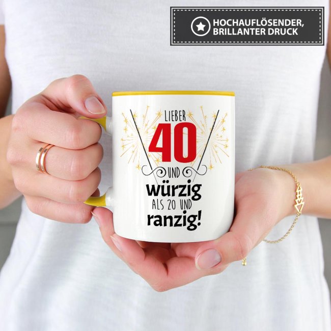 Tasse zum 40. Geburtstag mit Foto - Lieber 40 statt 20 - Innen &amp; Henkel Gelb
