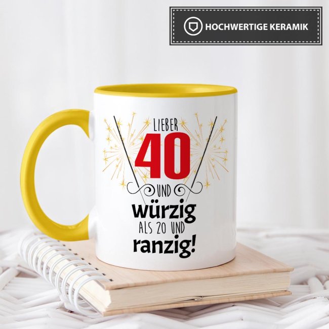 Tasse zum 40. Geburtstag mit Foto - Lieber 40 statt 20 - Innen &amp; Henkel Gelb