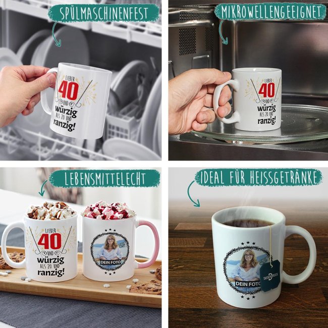 Tasse zum 40. Geburtstag mit Foto - Lieber 40 statt 20 - Innen &amp; Henkel Gelb