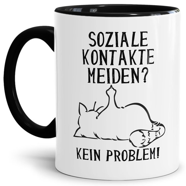 Witzige Katzen-Tasse mit Spruch - Soziale Kontakte meiden - Innen &amp; Henkel Schwarz