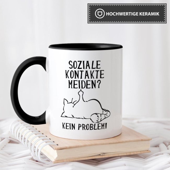 Witzige Katzen-Tasse mit Spruch - Soziale Kontakte meiden - Innen &amp; Henkel Schwarz