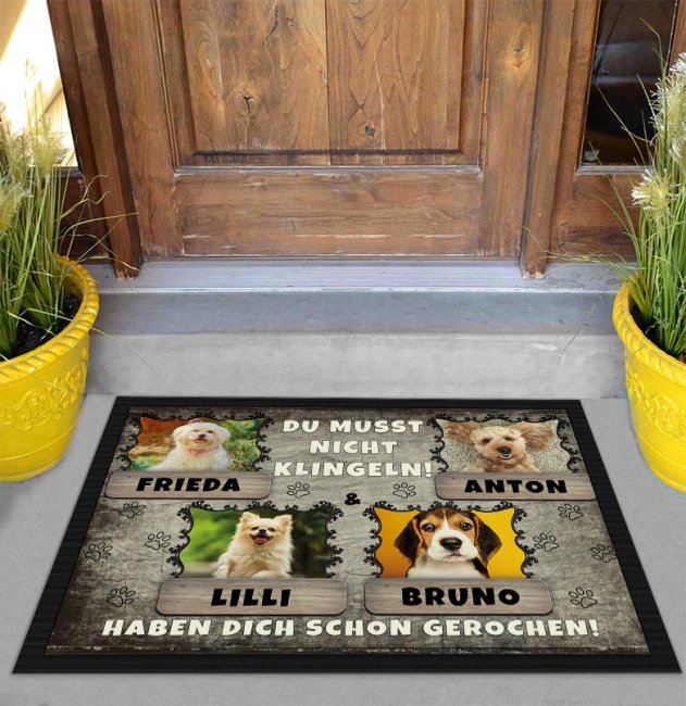 Fu&szlig;matte mit Hundefoto und Hundename - vier Hunde 75 x 50 cm