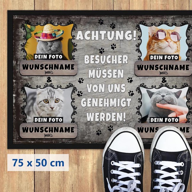 Fu&szlig;matte mit Katzenfoto und Katzenname - vier Katzen 75 x 50 cm