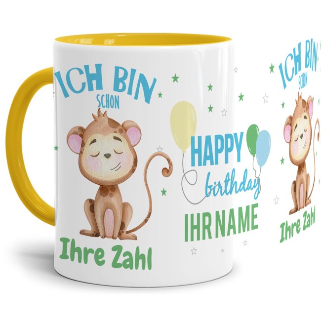 Geburtstagstasse f&uuml;r Jungen - Affe - mit Wunschname und Wunschalter - Innen &amp; Henkel Gelb