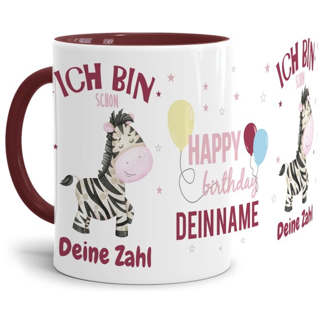 Geburtstagstasse f&uuml;r M&auml;dchen - Zebra - mit Wunschname und Wunschalter - Innen &amp; Henkel Weinrot