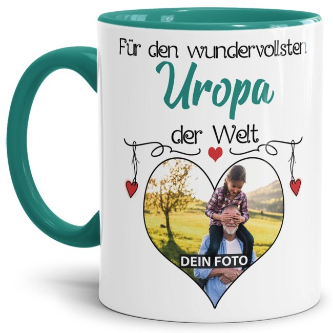 Tasse mit Foto - Wundervollster Uropa - Innen &amp; Henkel T&uuml;rkis