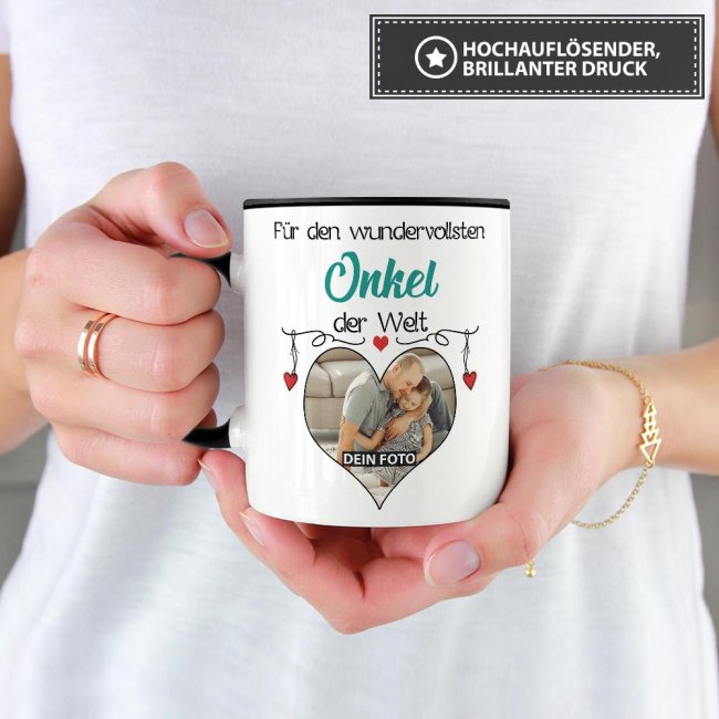Tasse mit Foto - Wundervollster Onkel - Innen &amp; Henkel Schwarz