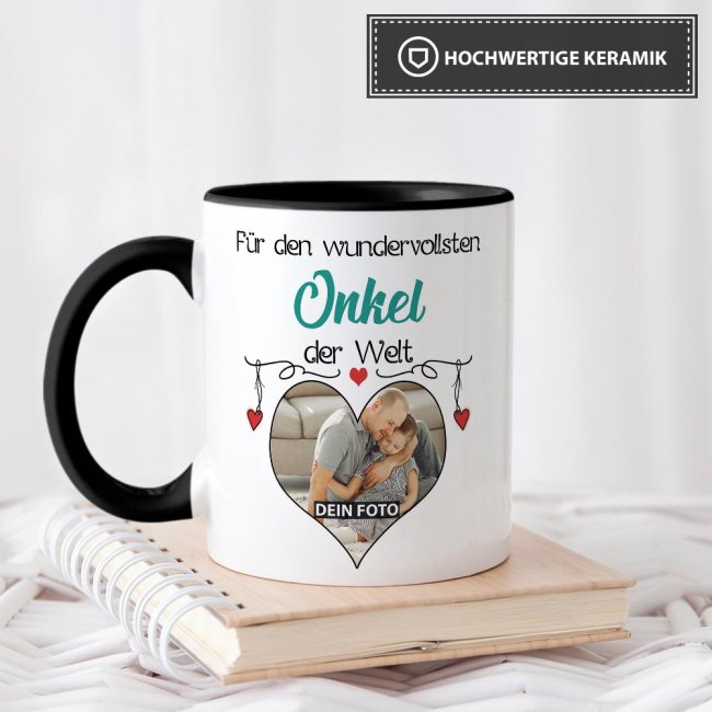 Tasse mit Foto - Wundervollster Onkel - Innen &amp; Henkel Schwarz