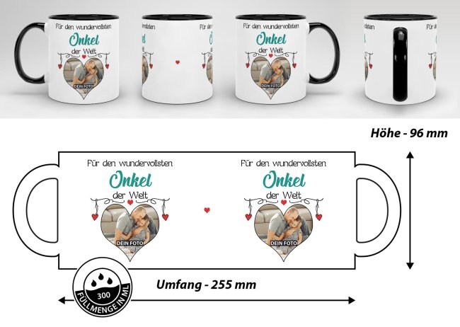 Tasse mit Foto - Wundervollster Onkel - Innen &amp; Henkel Schwarz