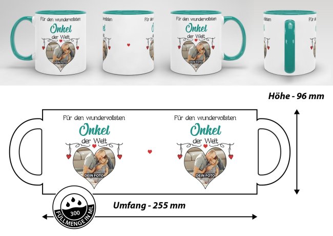 Tasse mit Foto - Wundervollster Onkel - Innen &amp; Henkel T&uuml;rkis