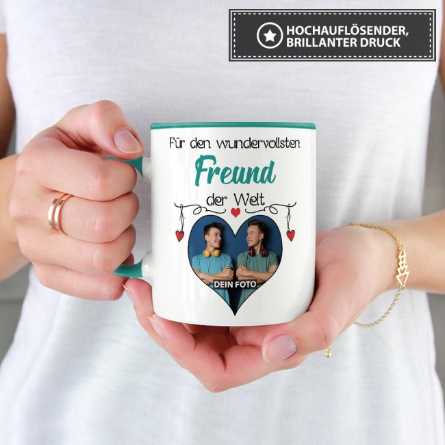 Tasse mit Foto - Wundervollster Freund - Innen &amp; Henkel T&uuml;rkis