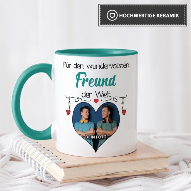 Tasse mit Foto - Wundervollster Freund - Innen &amp; Henkel T&uuml;rkis
