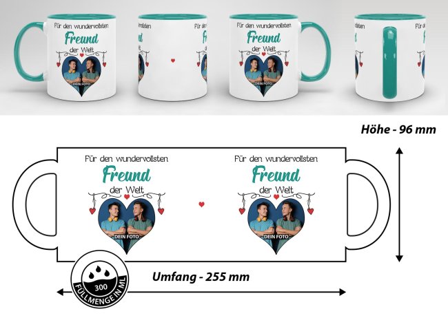 Tasse mit Foto - Wundervollster Freund - Innen &amp; Henkel T&uuml;rkis