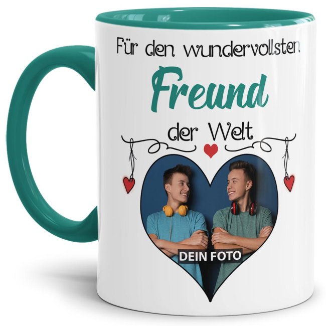 Tasse mit Foto - Wundervollster Freund - Innen &amp; Henkel T&uuml;rkis