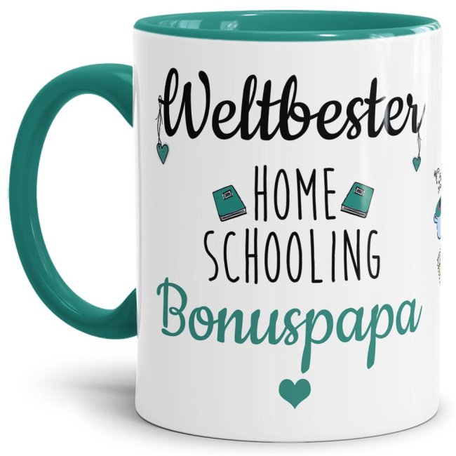 Tasse mit Spruch - Weltbester Homeschooling Bonuspapa - Innen &amp; Henkel T&uuml;rkis