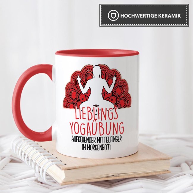 Tasse mit Spruch - Lieblings-Yoga-&Uuml;bung aufgehender Mittelfinger - Rot
