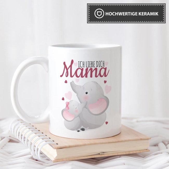 Tasse mit Tiermotiv Elefanten - Mama ich liebe Dich - Wei&szlig;