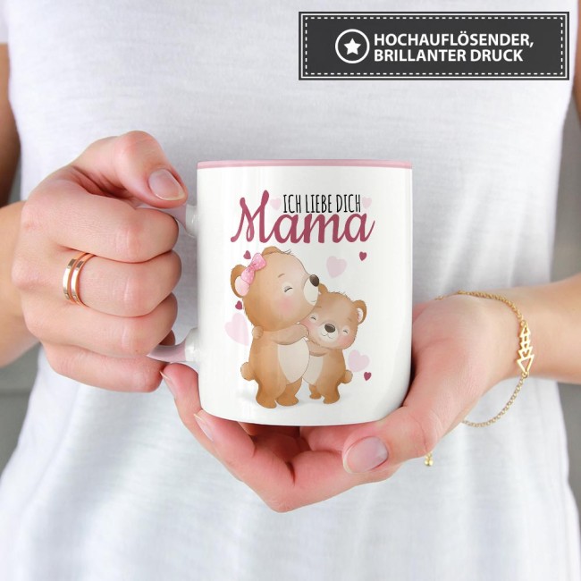 Tasse mit Tiermotiv Teddys - Mama ich liebe Dich - Innen &amp; Henkel Rosa