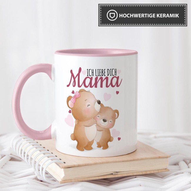 Tasse mit Tiermotiv Teddys - Mama ich liebe Dich - Innen &amp; Henkel Rosa