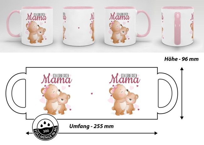 Tasse mit Tiermotiv Teddys - Mama ich liebe Dich - Innen &amp; Henkel Rosa