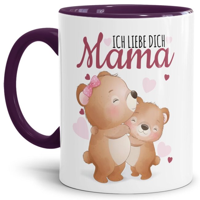 Tasse mit Tiermotiv Teddys - Mama ich liebe Dich - Innen &amp; Henkel Violett
