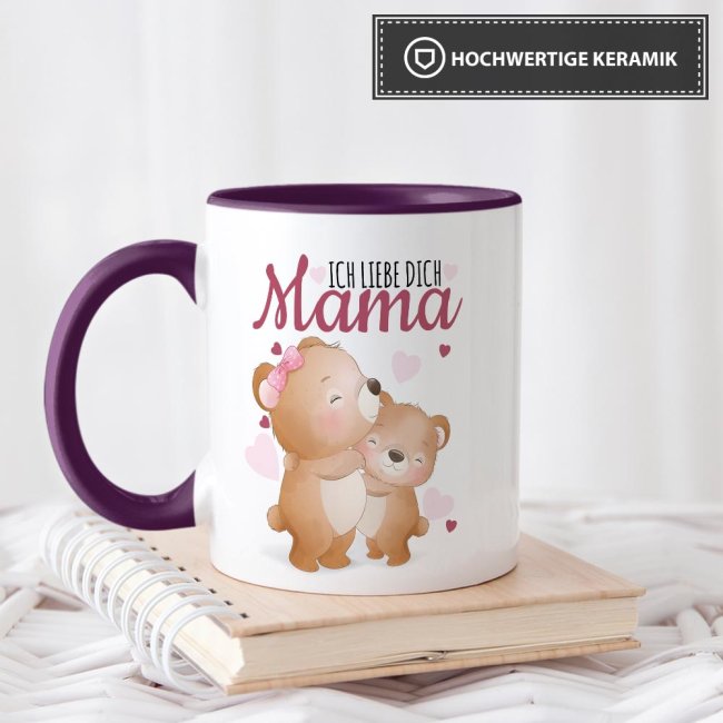 Tasse mit Tiermotiv Teddys - Mama ich liebe Dich - Innen &amp; Henkel Violett
