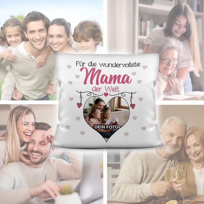 Kissen f&uuml;r die wundervollste Mama mit Fotocollage Herz - inkl. F&uuml;llung - Wei&szlig;