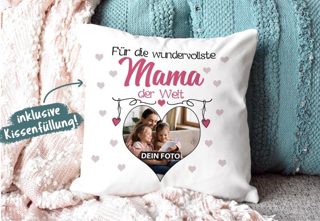 Kissen f&uuml;r die wundervollste Mama mit Fotocollage Herz - inkl. F&uuml;llung - R&uuml;ckseite Rosa