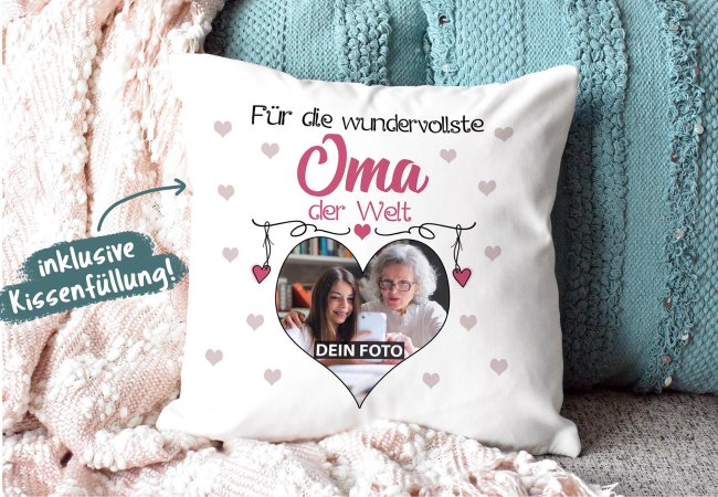 Kissen f&uuml;r die wundervollste Oma mit Fotocollage Herz - inkl. F&uuml;llung - Wei&szlig; flauschig