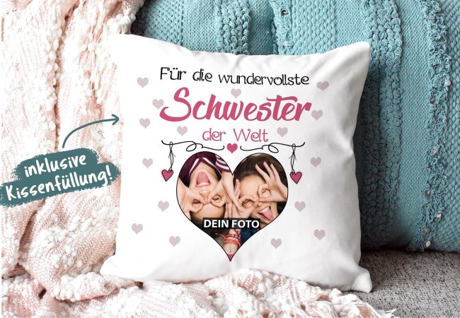 Kissen f&uuml;r die wundervollste Schwester mit Fotocollage Herz - inkl. F&uuml;llung - Wei&szlig;