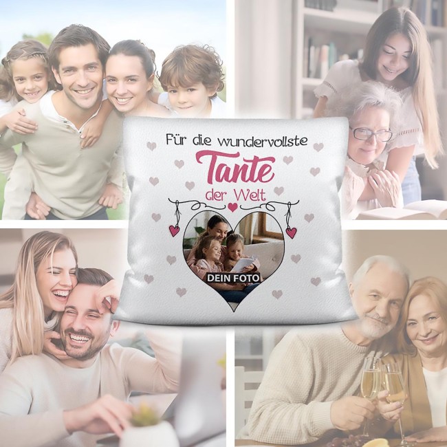 Kissen f&uuml;r die wundervollste Tante mit Fotocollage Herz - inkl. F&uuml;llung - Wei&szlig; flauschig