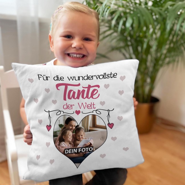 Kissen f&uuml;r die wundervollste Tante mit Fotocollage Herz - inkl. F&uuml;llung - Wei&szlig; flauschig