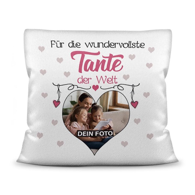 Kissen f&uuml;r die wundervollste Tante mit Fotocollage Herz - inkl. F&uuml;llung - Wei&szlig; flauschig