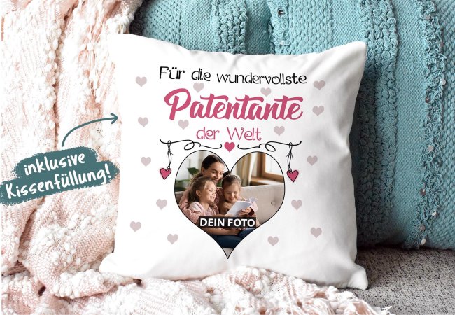 Kissen f&uuml;r die wundervollste Patentante mit Fotocollage Herz - inkl. F&uuml;llung - Wei&szlig;