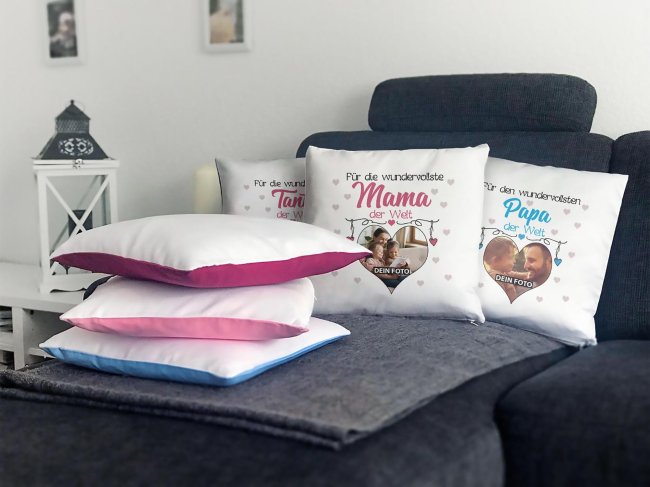 Kissen f&uuml;r die wundervollste Cousine mit Fotocollage Herz - inkl. F&uuml;llung - Wei&szlig;