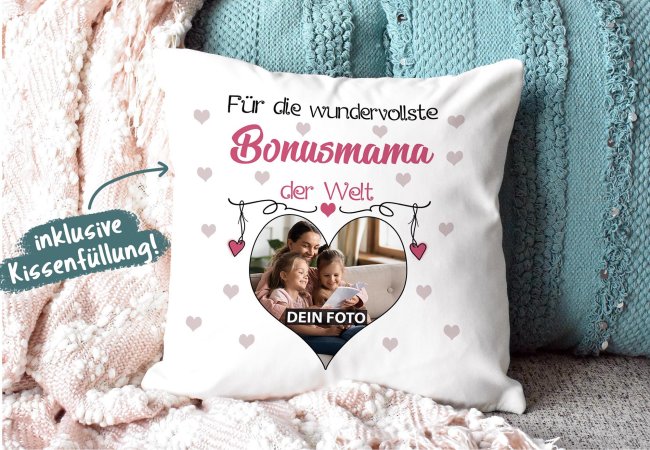 Kissen f&uuml;r die wundervollste Bonusmama mit Fotocollage Herz - inkl. F&uuml;llung - R&uuml;ckseite Pink