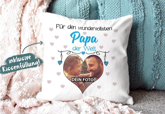 Kissen f&uuml;r den wundervollsten Papa mit Fotocollage Herz - inkl. F&uuml;llung - Wei&szlig;