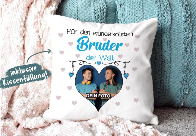 Kissen f&uuml;r den wundervollsten Bruder mit Fotocollage Herz - inkl. F&uuml;llung - Wei&szlig;