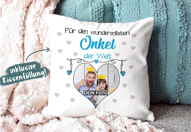 Kissen f&uuml;r den wundervollsten Onkel mit Fotocollage Herz - inkl. F&uuml;llung - Wei&szlig;