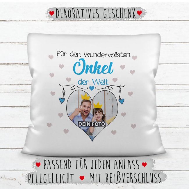 Kissen f&uuml;r den wundervollsten Onkel mit Fotocollage Herz - inkl. F&uuml;llung - Wei&szlig;