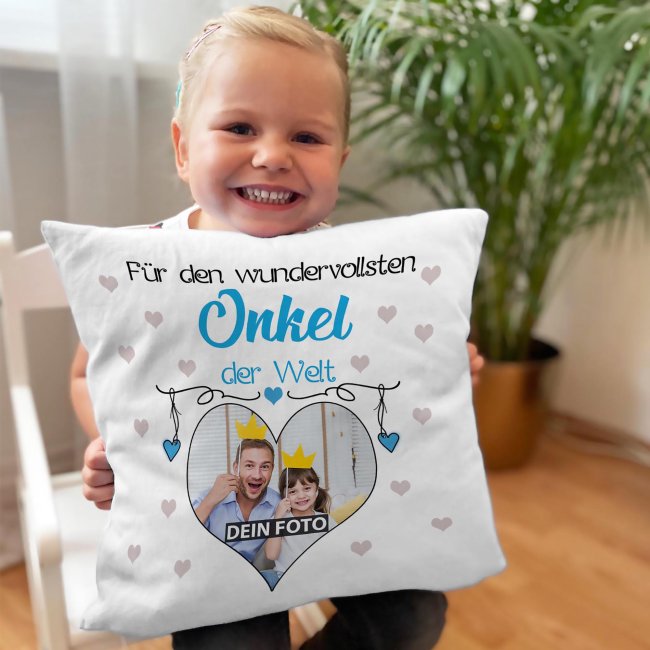 Kissen f&uuml;r den wundervollsten Onkel mit Fotocollage Herz - inkl. F&uuml;llung - Wei&szlig;