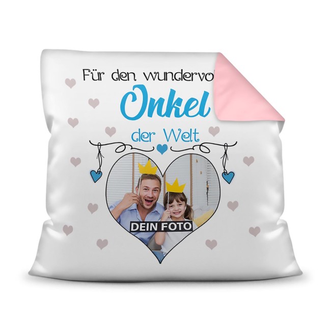 Kissen f&uuml;r den wundervollsten Onkel mit Fotocollage Herz - inkl. F&uuml;llung - R&uuml;ckseite Rosa