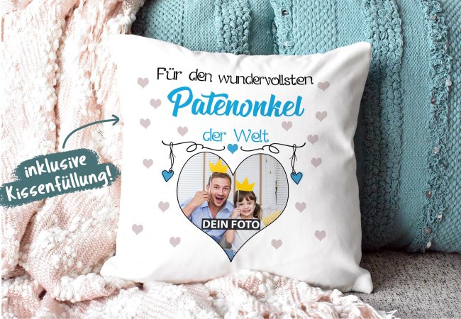 Kissen f&uuml;r den wundervollsten Patenonkel mit Fotocollage Herz - inkl. F&uuml;llung - Wei&szlig;